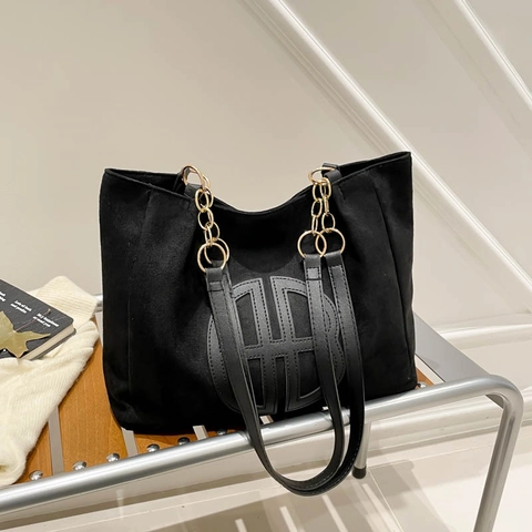 Borsa Tote da Donna Retro in PU Scamosciato Grande Capacità Borsa a Tracolla Minimalista Elegante Con Catena in Metallo