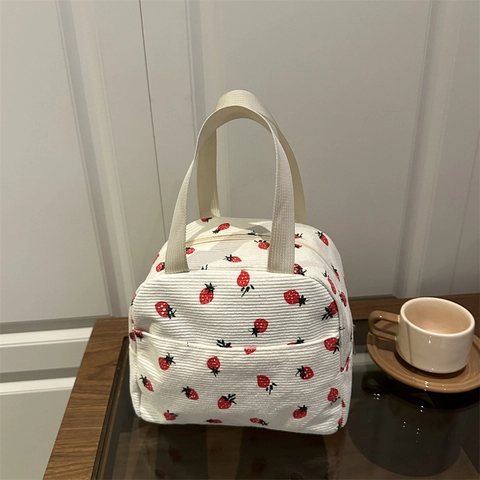 Corduroy Printed Tote Bag Women Cute Strawberry Leopard Pattern Handbag Casual Daily Shopping Lunch Bag Shoulder Bag