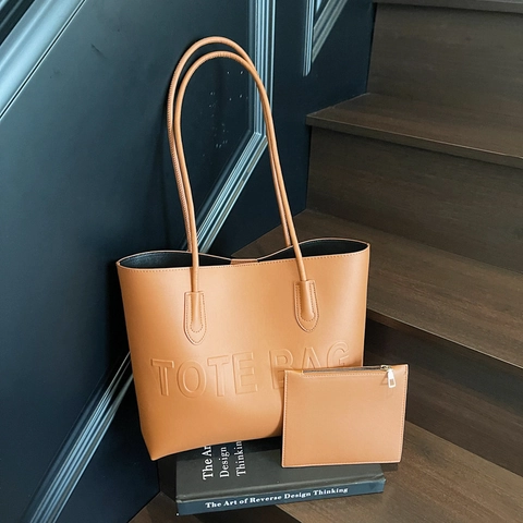 Women Large Capacity PU Leather Tote Bag With Pouch Minimalist Letter Embossed Commuter Shoulder Bag Handbag