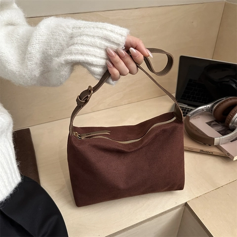 Bolso De Hombro Minimalista De Gamuza Para Mujer Bolso Tote Vintage Mate Debajo Del Brazo Bandolera Con Correa Ajustable