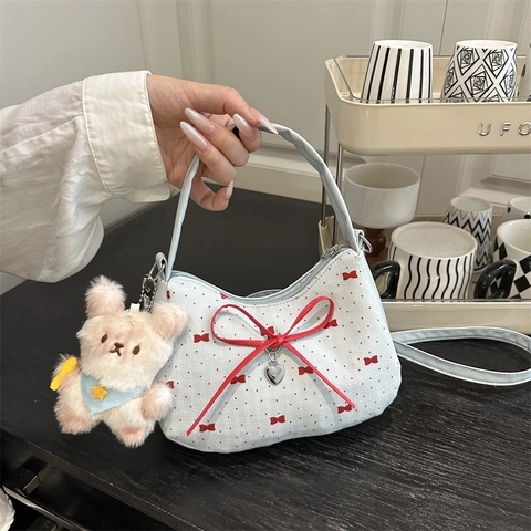 Sac Sous le Bras Doux Style Coréen pour Femmes avec Nœud Imprimé Cœur Sac à Main en Toile avec Pendentif Cœur et Charme en Peluche Sac Bandoulière pour Filles