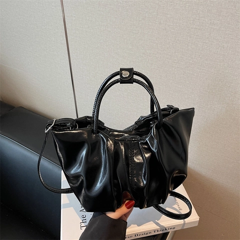 French Ruched Cloud Shoulder Bag For Women Fashion PU Leather Crossbody Handbag With Removable Strap Solid Color Bag