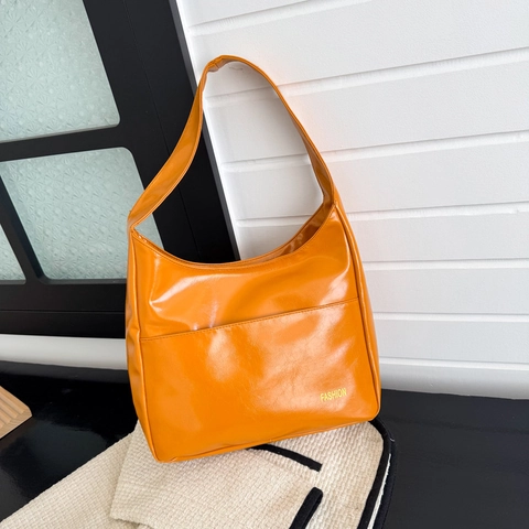 Solid Color Shiny PU Leather Underarm Bag Large Capacity Hobo Shoulder Handbag Simple Versatile Style Women