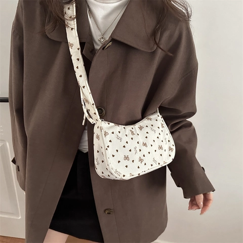 Borsa a Spalla da Donna in Velluto a Coste con Stampa a Cuore e Fiocco Vintage Tracolla Arricciata Piccola Borsa a Tracolla