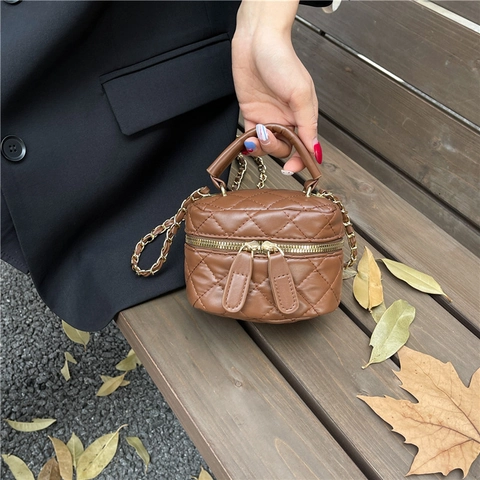 Mini Bolso De Cubo Cuero PU Acolchado Bolso Bandolera Con Cadena Dorada Asa Superior Elegante Moda Para Mujer