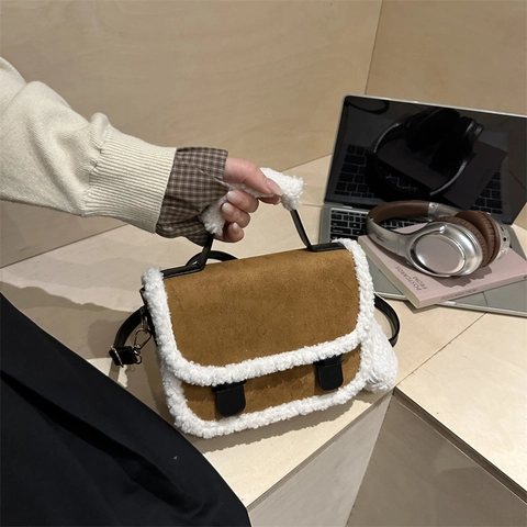 Women Faux Suede Faux Lamb Wool Small Square Bag Winter Plush Crossbody Bag Shoulder Bag With Mini Round Pouch Padded Handle