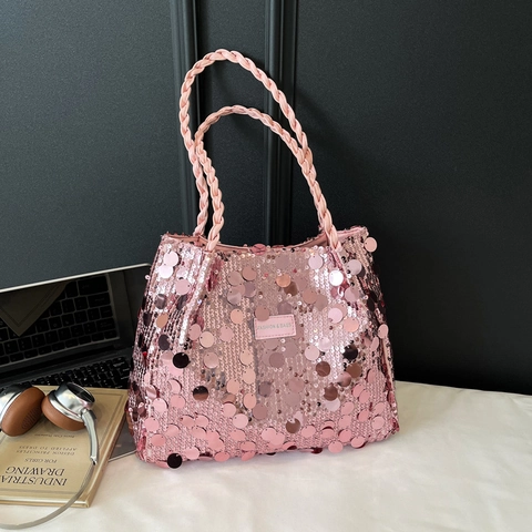Mode Pailletten Tote Bag Voor Dames Grote Capaciteit Schoudertas Met Gevlochten Handvatten Glanzende Minimalistische Handtas Glitter Tas
