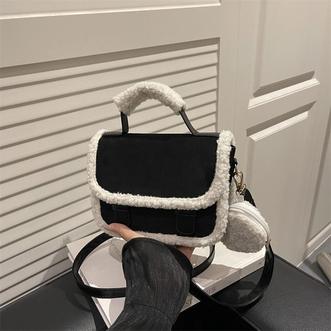 Dames Vintage Sherpa Patchwork PU Leer Crossbody Tas Herfst Winter Suède Textuur Schoudertas Met Mini Tasje