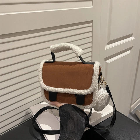 Dames Vintage Sherpa Patchwork PU Leer Crossbody Tas Herfst Winter Suède Textuur Schoudertas Met Mini Tasje