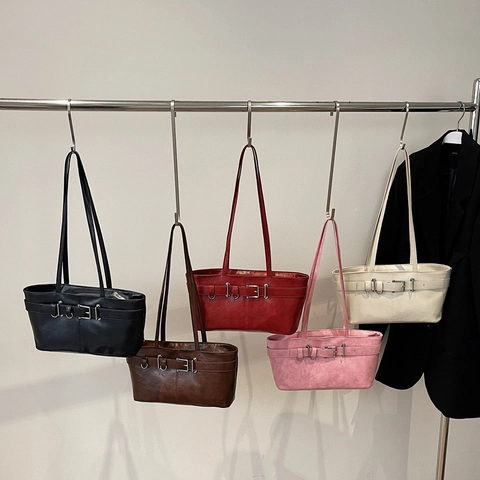 Damen Retro PU Leder Achseltasche Minimalistische Gürtelschnalle Schultertasche Mode Einfarbig Tote Handtasche Für Den Alltag