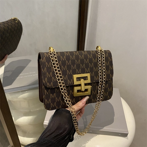 Bolso de Hombro de Cuero PU Vintage para Mujer Con Estampado de Monograma M Correa de Cadena Dorada Bolso Bandolera Cuadrado Pequeño