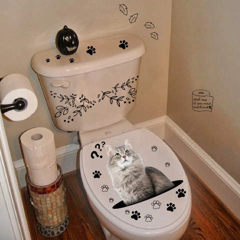 3D Graue Katze WC-Deckel Aufkleber Kreativer Text Pfotenabdrücke Blätter DIY Bad Wasserdicht Abnehmbar PVC Wand Kunst Deko