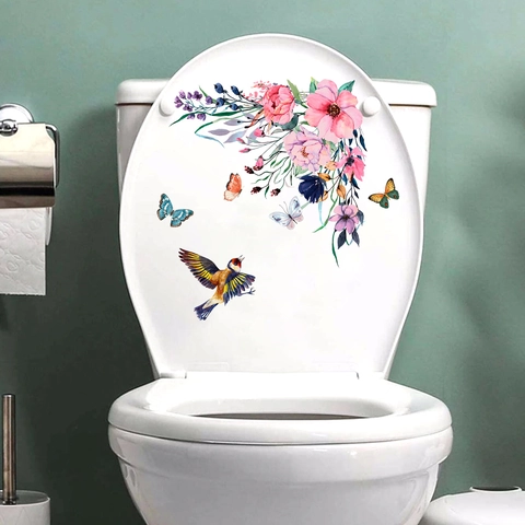 Watercolor Flower Butterfly Bird Toilet Lid Sticker PVC Waterproof Removable Decal For Bathroom Restroom Home Decor Wall Art