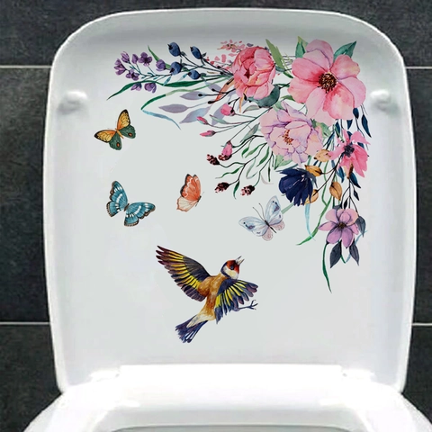 Aquarel Bloemen Vlinders Vogel Toiletdeksel Sticker PVC Waterdicht Verwijderbare Muursticker Voor Badkamer Huis Decor Artistieke Bloemen Toiletbril Sticker