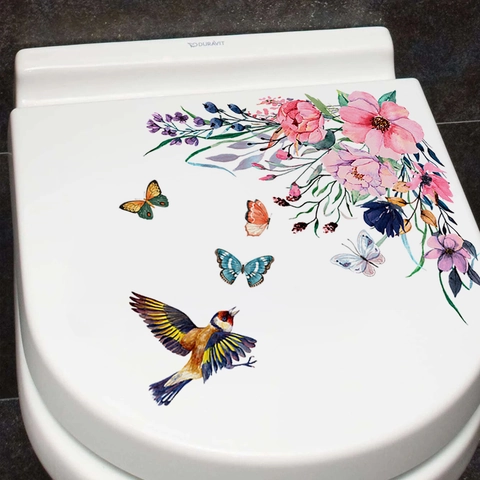 Watercolor Flower Butterfly Bird Toilet Lid Sticker PVC Waterproof Removable Decal For Bathroom Restroom Home Decor Wall Art