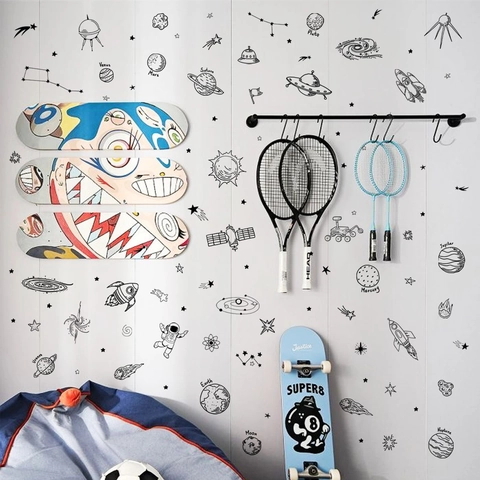 Stickers Muraux Astronaute Espace Système Solaire Planètes Fusée Satellite Étoile Autocollants PVC Dessinés À La Main Décoration Chambre Enfant