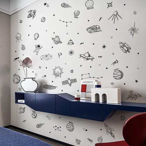 Stickers Muraux Astronaute Espace Système Solaire Planètes Fusée Satellite Étoile Autocollants PVC Dessinés À La Main Décoration Chambre Enfant