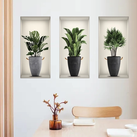 Moderni Adesivi Murali 3D Piante Verdi in Vaso PVC Autoadesivi Rimovibili Foglie Tropicali Decalcomania Per Casa