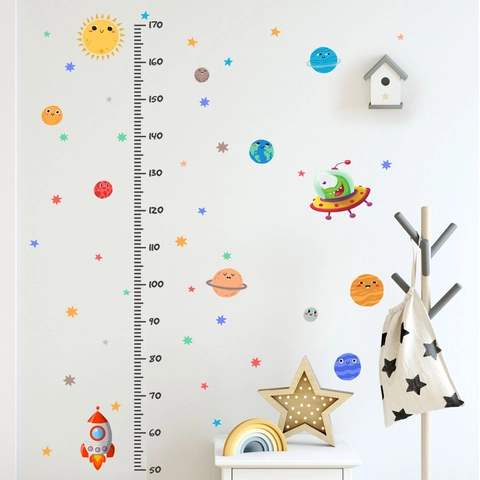 Stickers Muraux Tableau Croissance Taille Enfants PVC Amovible Dessin Animé Espace Fusée Planète UFO Décoration
