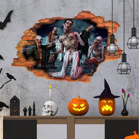 3D Halloween Zombie Breaking Wall Sticker Scary Horror Broken Red Brick Decal Removable PVC Wallpaper For Living Room Party