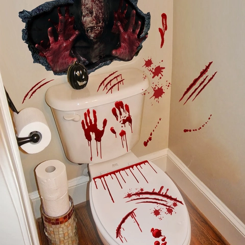 Halloween Horror Bloody Handprints 3D Zombie Face PVC Wall Stickers Toilet Decal Bathroom Party Decor Haunted House Props