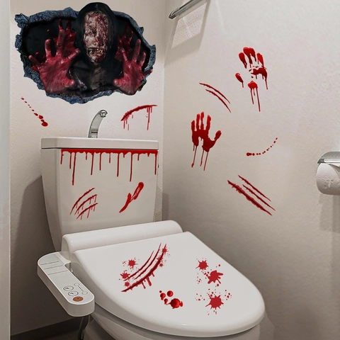 Halloween Horror Bloody Handprints 3D Zombie Face PVC Wall Stickers Toilet Decal Bathroom Party Decor Haunted House Props