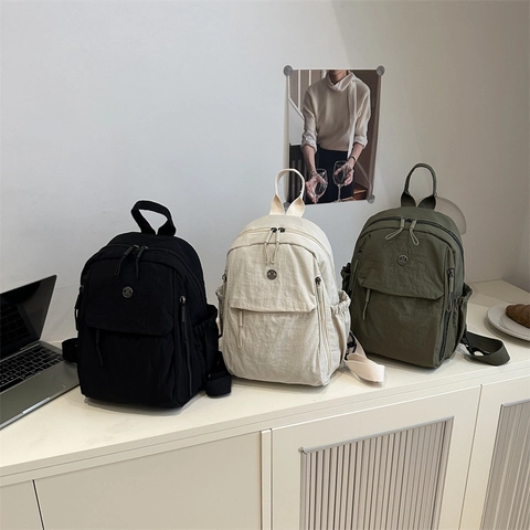 Minimalist Nylon Backpack For Women Fashion Solid Color Multi Pocket Waterproof Travel School Shoulder Bag Daily Rucksack