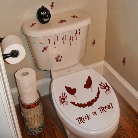 Halloween Horror Bloody Handprint Scary Smile Toilet Sticker PVC Waterproof Removable Wall Sticker For Bathroom Party Decoration