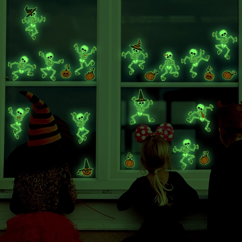Halloween Luminous Skeleton Pumpkin Wall Stickers Glow In Dark PVC Decals For Bedroom Window Party Holiday Home Decor