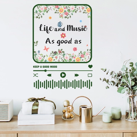 Wall Stickers PVC Self-Adhesive Music Player Design Floral Butterfly Living Room Bedroom Modern Creative