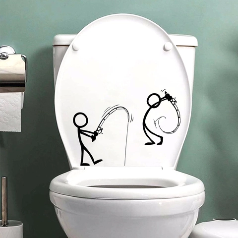 Lustiger Strichmännchen Angeln Toilettendeckel Aufkleber Wasserdichtes PVC Kreative Badezimmer Wandtattoo Modern Minimalistisch Schwarz Haus Deko