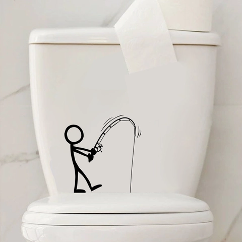 Lustiger Strichmännchen Angeln Toilettendeckel Aufkleber Wasserdichtes PVC Kreative Badezimmer Wandtattoo Modern Minimalistisch Schwarz Haus Deko