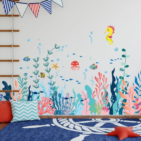 Adesivi Murali Mondo Oceanico in PVC Creature Marine Cartoon Cavalluccio Marino Pesce Corallo Medusa Per Cameretta Bambini Decorazione Casa