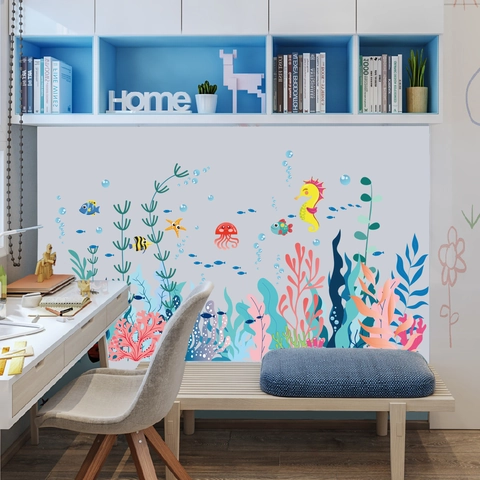 Adesivi Murali Mondo Oceanico in PVC Creature Marine Cartoon Cavalluccio Marino Pesce Corallo Medusa Per Cameretta Bambini Decorazione Casa