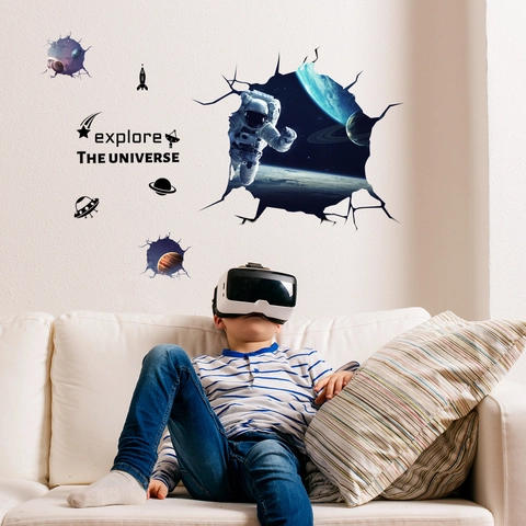 3D Space Astronaut Wall Sticker Explore The Universe Planet Rocket UFO Removable PVC Decal For Kids Room Bedroom Decor