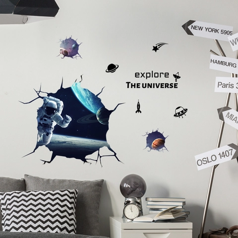 3D Space Astronaut Wall Sticker Explore The Universe Planet Rocket UFO Removable PVC Decal For Kids Room Bedroom Decor