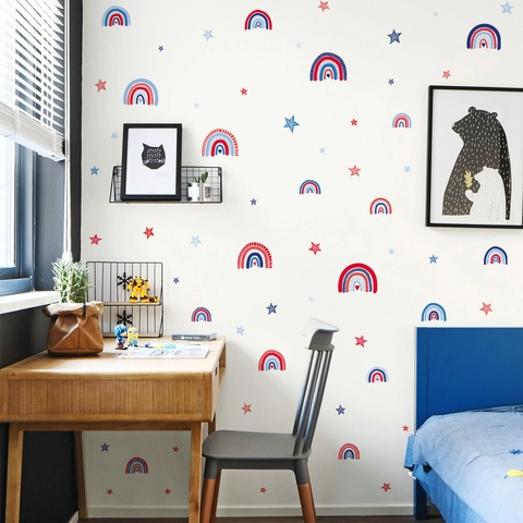 Pegatinas De Pared De Arcoíris Y Estrellas PVC Estilo Dibujos Animados Pintados A Mano Calcomanías Autoadhesivas Para Decoración Infantil