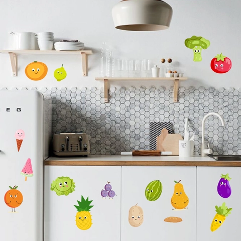 Cartoon Fruit Vegetable Wall Stickers Fridge Decals Anthropomorphic Food Kitchen Decor Self Adhesive PVC