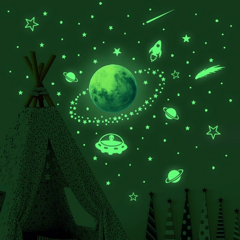 Glow In The Dark Space Wall Stickers Set Luminous Moon Planet Rocket UFO Stars Wall Decals For Kids Room Bedroom Decor