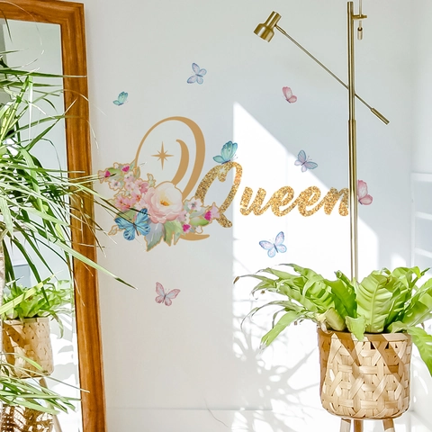 Autocollant Mural PVC Auto-Adhésif Paillettes Dorées Lettre Queen Fleur Papillon Décor Pour Chambre Salon