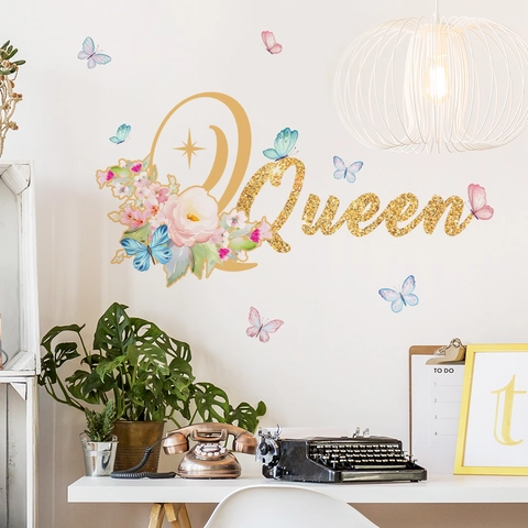 Autocollant Mural PVC Auto-Adhésif Paillettes Dorées Lettre Queen Fleur Papillon Décor Pour Chambre Salon