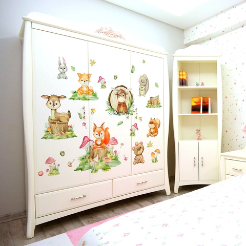 Adesivi Murali Animali Del Bosco PVC Removibile Scoiattolo Cervo Volpe Orso Decalcomanie Per Decorazione Cameretta Bambini
