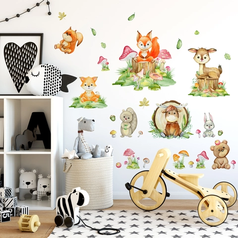 Adesivi Murali Animali Del Bosco PVC Removibile Scoiattolo Cervo Volpe Orso Decalcomanie Per Decorazione Cameretta Bambini