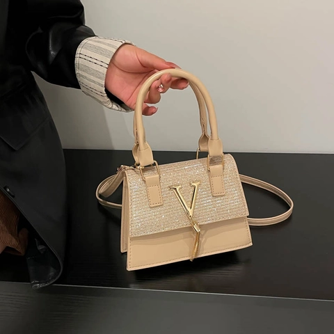 Bolso de Mano para Mujer de Cuero Sintético con Lentejuelas Brillantes Nicho Francés Bolso Cuadrado Pequeño Con Logotipo V de Metal Borla Bandolera Moda Fiesta