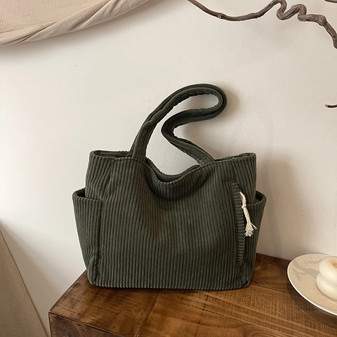 Bolso Tote de Pana Vintage para Mujer Gran Capacidad Color Sólido Bolso de Hombro con Cremallera para Escuela Trabajo