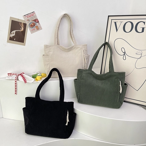Bolso Tote de Pana Vintage para Mujer Gran Capacidad Color Sólido Bolso de Hombro con Cremallera para Escuela Trabajo