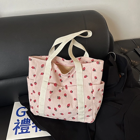 Fresh Strawberry Print Corduroy Tote Bag Large Capacity Commuter Shoulder Bag With Side Pockets For Women Sweet Style