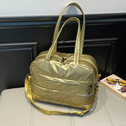 Bolso Tote Acolchado Metálico para Mujer Gran Capacidad Impermeable Bolso de Viaje Con Correa Ajustable para Fin de Semana