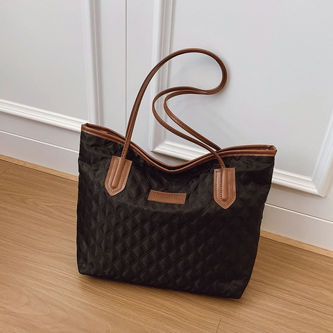 Bolso Tote Acolchado de Gran Capacidad para Mujer Nylon Ligero Patchwork de Cuero PU Conmutar Bolso de Hombro Casual Color Sólido