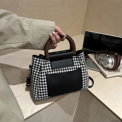 Borsa a Mano Vintage Pied De Poule Con Manico In Legno Pelle PU Borsa a Tracolla E Pochette Da Donna Ufficio Quotidiano